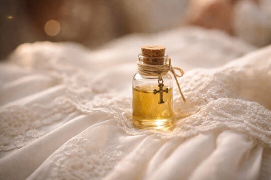 Close up of tiny vial containing chrism on baby garment at baptism event