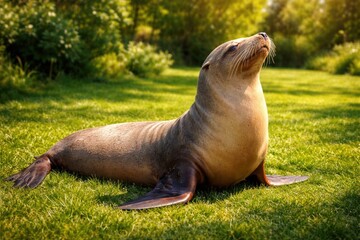 Fototapeta premium Content sea lion pet basking in sun on vibrant grassy lawn with full length perspective