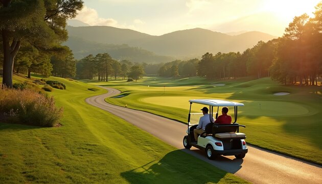 Two men ride in golf cart on scenic course with rolling hills. They drive on path past green grass and trees during sunset. Golfers enjoy leisure activity.