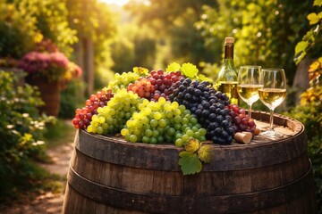 Fototapeta premium Sunlit outdoor garden scene with diverse grapes resting on aged wine barrel