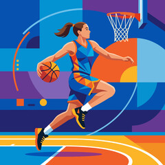 A dynamic representation of a basketball player mid-jump, showcasing athleticism and energy through vibrant colors and modern abstract design elements. © Lvping