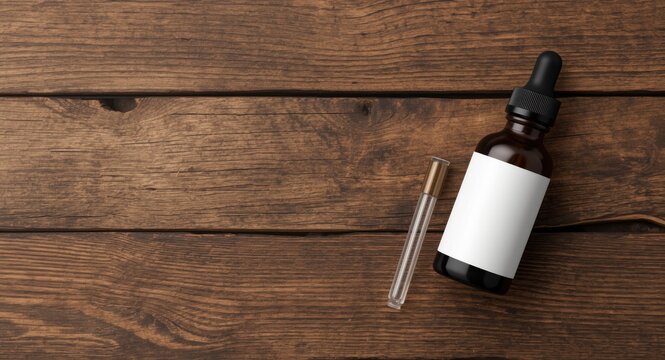 Wood table copy space with cosmetic beard oil bottle and dropper pipette mockup