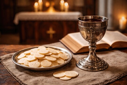 Detailed view of a church communion scene featuring wine and wafers in a square frame