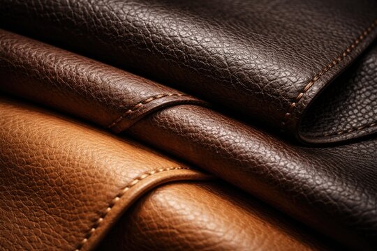 Macro shot of folded leather in dark and light shades featuring detailed grain and precise stitching copy space
