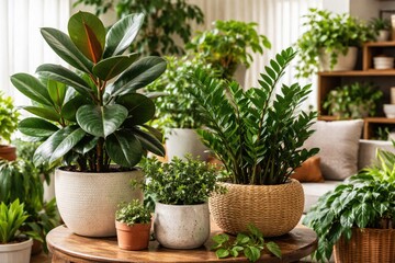Fototapeta premium Selection of domestic plants such as ficus and zamioculcas illustrating household gardening