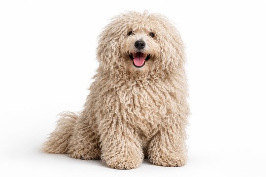 Joyful puli pet with curly fur posing against clean white backdrop