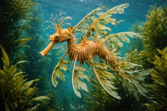 Underwater portrait of a leafy sea dragon moving among seaweed