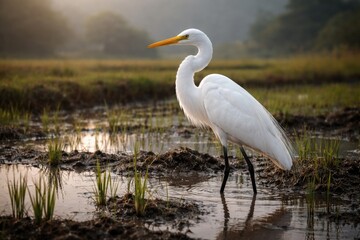 Obraz premium Serene white egret poised in a wet muddy ricefield landscape