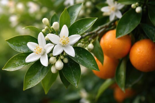 Close up of white neroli blossoms on a branch with green foliage and orange fruits