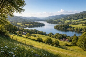 Naklejka premium Idyllic country scenery displaying undulating hills and peaceful lakes with clear skies