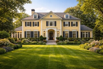Fototapeta premium Sophisticated home featuring yellow facade and full length view on lush grass