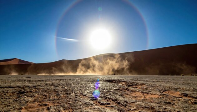 Shimmering heat distortions and dust devils swirl across a barren desert surface under a bright, radiant sun, showcasing a harsh yet beautiful arid landscape.