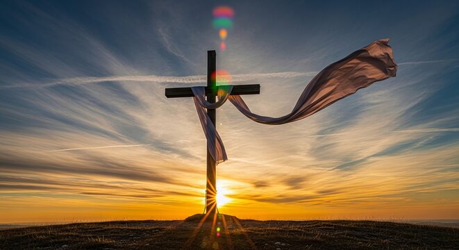 Wooden christian cross with waving white cloth on hill at sunset, resurrection and easter concept