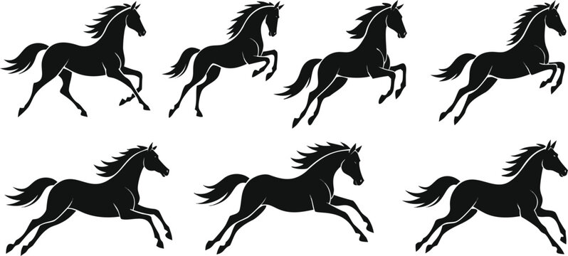 Vector Running Horse Silhouette Collection, Galloping Stallion and Mustang Motion Set, Black Equine Animal Graphic Elements