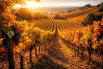 Fototapeta premium Sun-drenched vineyard landscape featuring orderly vine rows and autumn colors