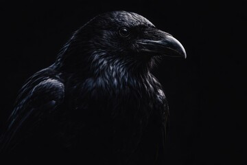 Obraz premium Black raven silhouette in a dramatic portrait with deep black background