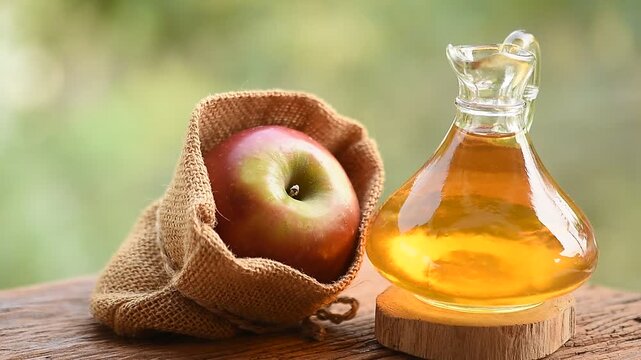 Apple and Apple Cider Vinegar on natural background.