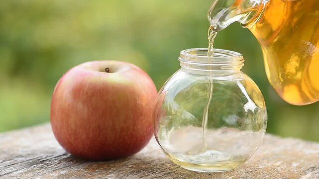 Apple and Apple Cider Vinegar on natural background.