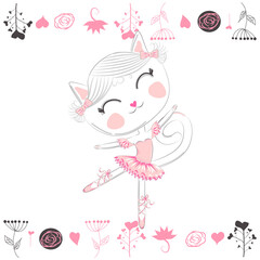 Obraz premium Cute dancing cat ballerina in the blue tutu. Cartoon hand drawn