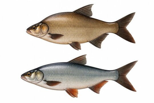 Classic artwork of common bream fish above and vimba bream below on plain white background