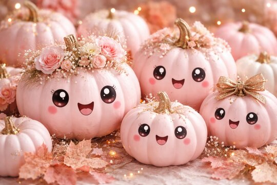 Creative pink pumpkin decorations with happy faces for festive fall DIY projects