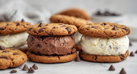 Fototapeta premium Traditional ice cream sandwiches made with chocolate chip cookies and rich vanilla plus chocolate ice cream