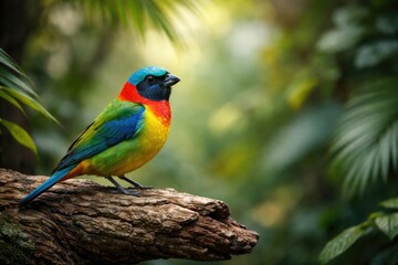 Fototapeta premium Vibrant tropical bird resting on natural wood with vertical copy space nature backdrop