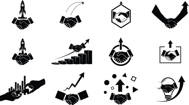 Diverse icons representing business growth, partnerships, and innovation