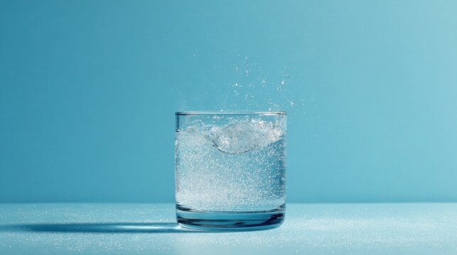 Fizzy tablet disappears in a glass of water, set against a light blue backdrop.