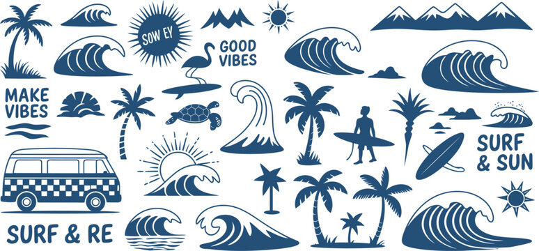 Summer beach surf illustration, tropical waves, palm trees, surfer silhouette, ocean vibes, coastal elements, travel design, retro summer vector art