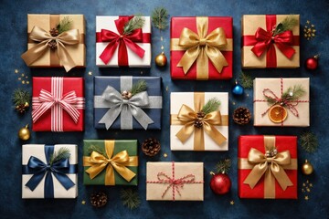Fototapeta premium Christmas gift boxes neatly arranged on a blue textured backdrop from above