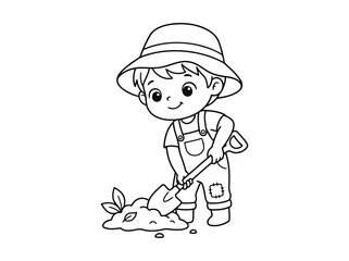 Obraz premium Cute child digging soil illustration in black and white line art style showing a kid using a shovel for planting activity