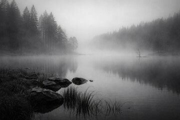 Fototapeta premium Foggy monochrome lake landscape with dense mist