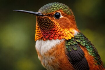 Fototapeta premium Detailed close up portrait of a vibrant Allen's hummingbird with iridescent feathers