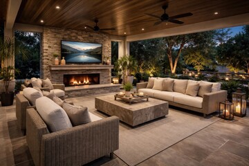 Obraz premium Upscale patio lounge with spacious stone hearth TV area and neutral toned seating