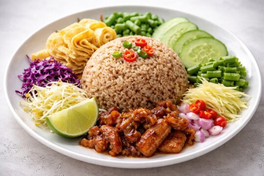 Delicious Khao Kluk Kapi rice mixed with shrimp paste served with sliced omelette and Thai vegetable assortment on white surface