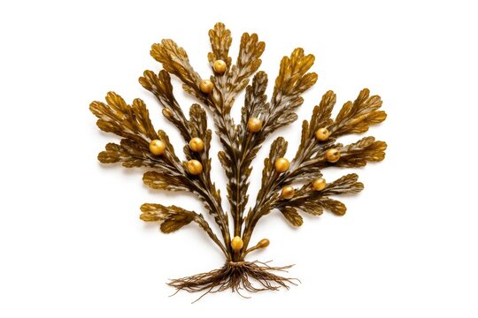 Isolated bladder wrack seaweed specimen with textured brown fronds on white