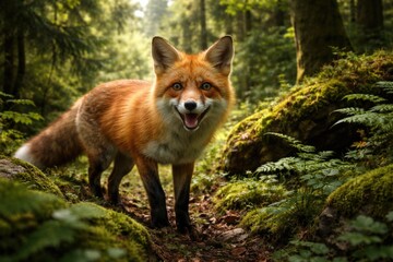 Fototapeta premium Happy red fox exploring dense green woodland habitat