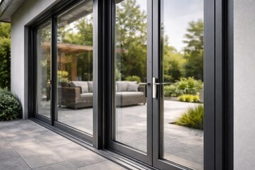 Fototapeta premium Aluminum framed patio door system shown in close up for home upgrade