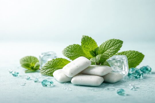 Menthol infused fresh mint gum against a minimal copy space