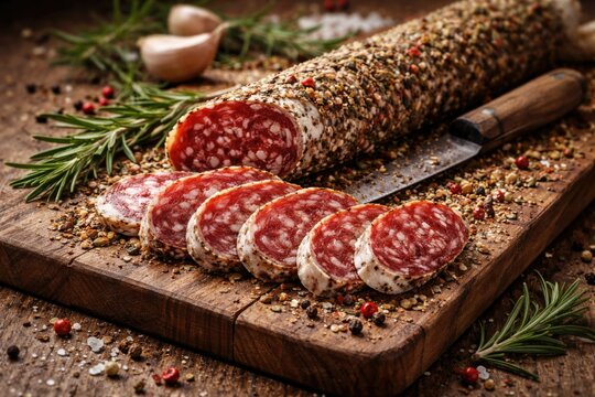 Freshly sliced Spanish fuet with mixed herbs and bold spices on a wooden cutting surface