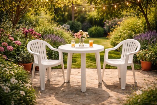 White plastic table paired with two matching chairs in an inviting garden setting