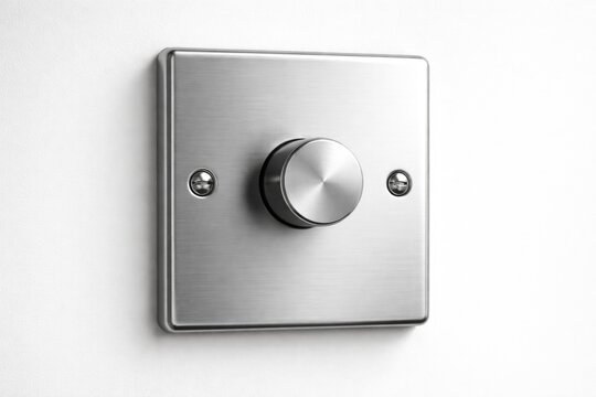 Sleek silver metal dimmer switch installed on a pristine white surface