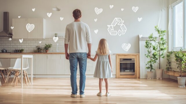 Parent and daughter standing in eco home with recycling symbols, representing sustainability education and conscious family values