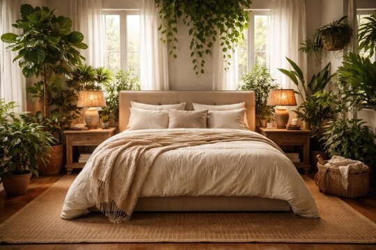 Comfortable bedroom setup with abundant greenery and rustic wooden tables beside a beige king size bed with pillows