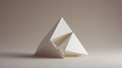Fototapeta premium White Paper Pyramids Stacked On Beige Background For Geometric Shapes Concepts