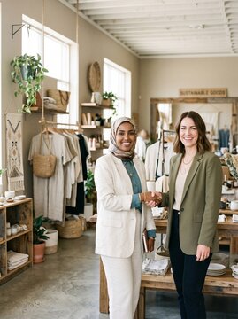 Two diverse professional women shaking hands in a sustainable clothing boutique