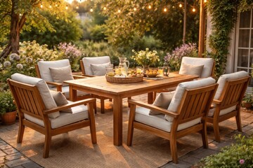 Fototapeta premium Wooden patio furniture set with table and chairs for summer relaxation on warm days