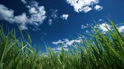 Fototapeta premium Green grass grows in a field under a blue sky.