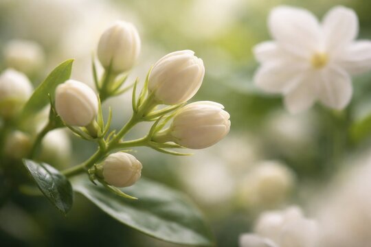 Soft focus mogra jasmine buds showcasing delicate beauty with blurred backdrop for fragrance industry